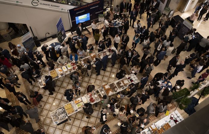 An aerial view of crowds at a climate conference
