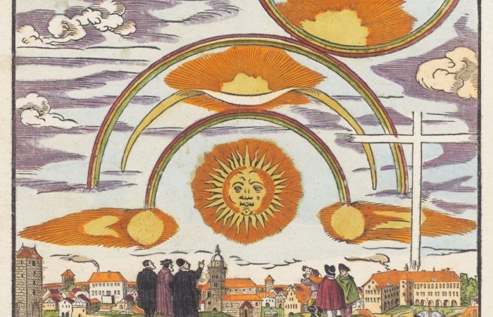 illustration of people observing celestial phenomena - sun and comets - above a town